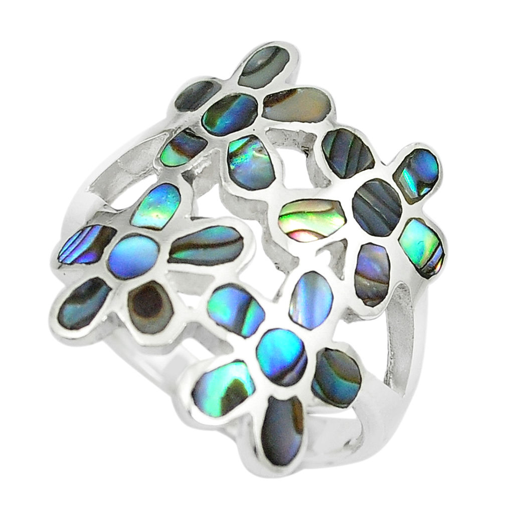 6.69gms green abalone paua seashell 925 silver flower ring size 8 c12960