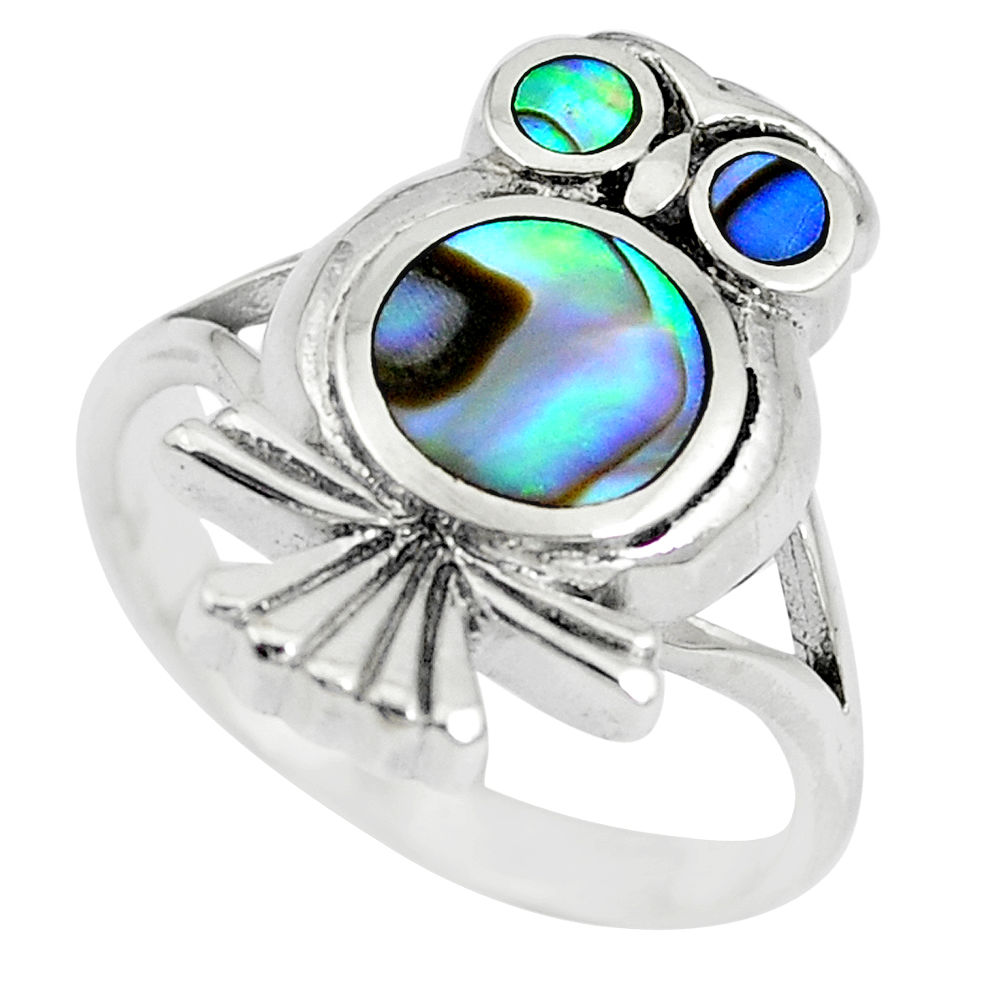 6.26gms green abalone paua seashell 925 silver owl ring size 7.5 a88534 c13465