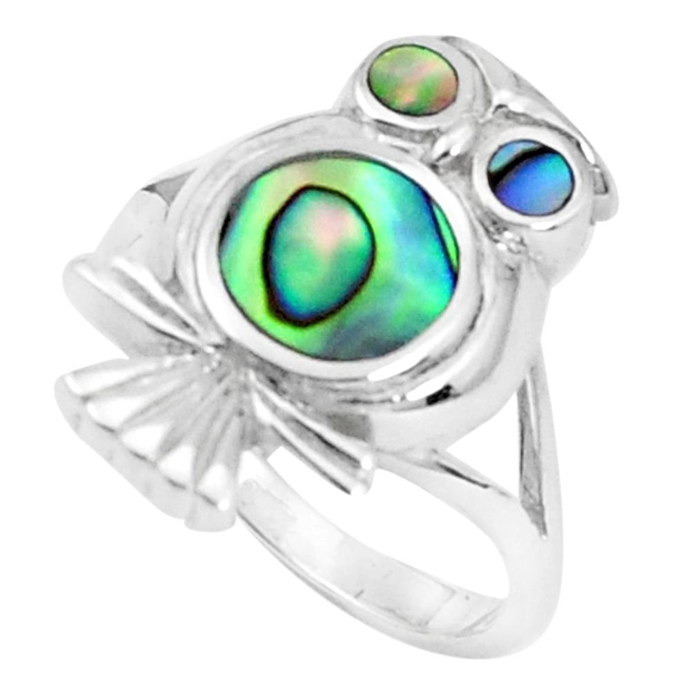 5.89gms green abalone paua seashell 925 silver owl ring size 6.5 a95604 c13315