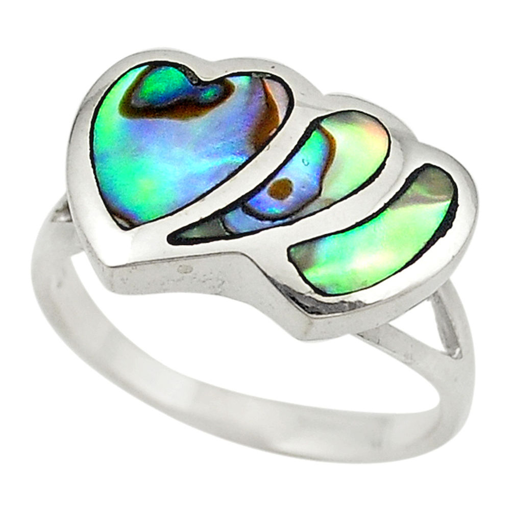 Green abalone paua seashell enamel 925 silver heart ring size 7 c21947