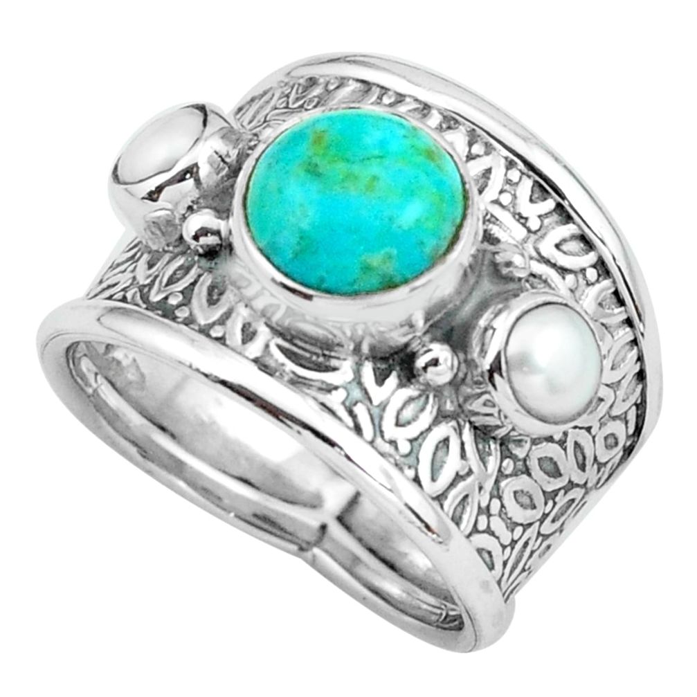 4.70cts green arizona mohave turquoise pearl 925 silver ring size 6.5 p68491
