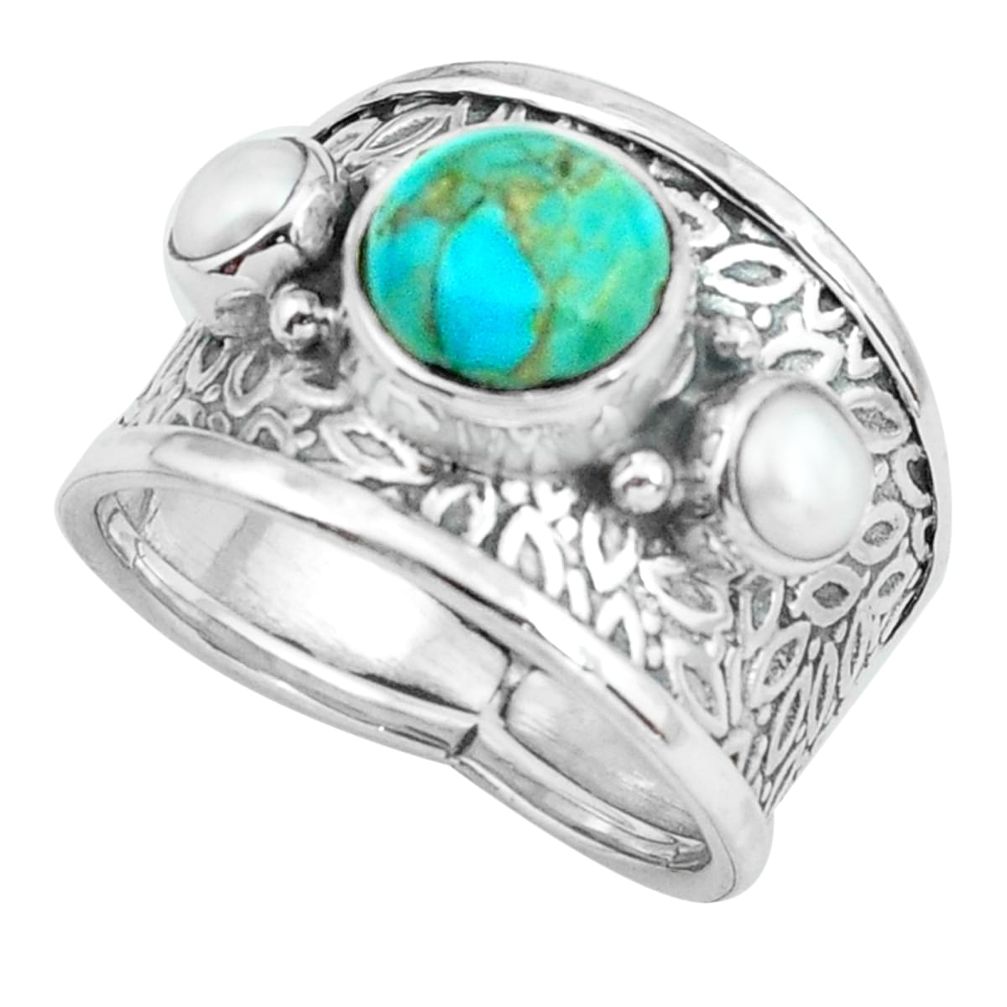 5.18cts green arizona mohave turquoise pearl 925 silver ring size 7.5 p68493