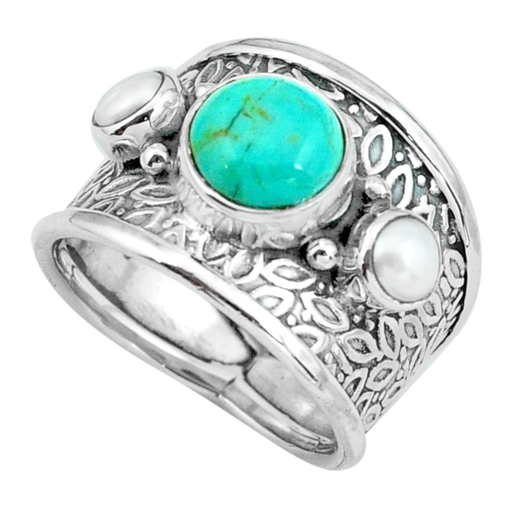 4.70cts green arizona mohave turquoise pearl 925 silver ring size 7 p68492