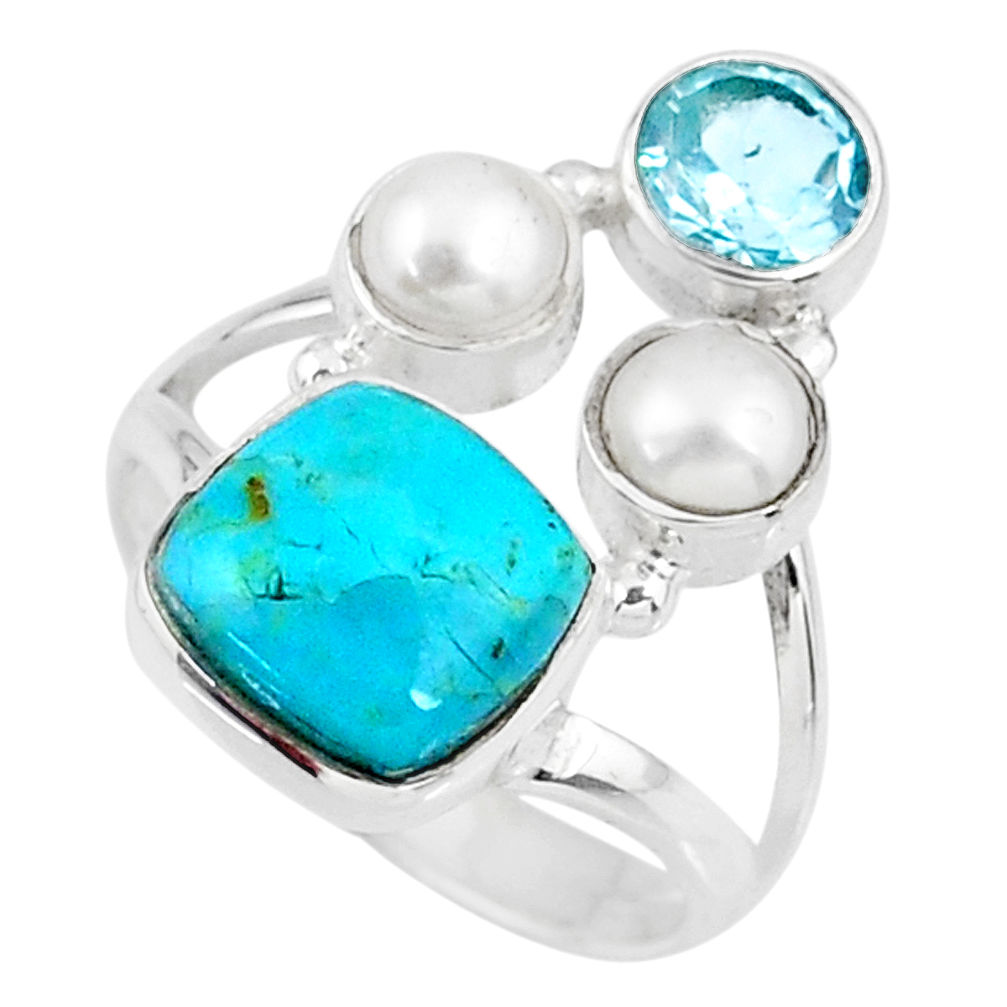 6.31cts green arizona mohave turquoise topaz pearl 925 silver ring size 8 r57628