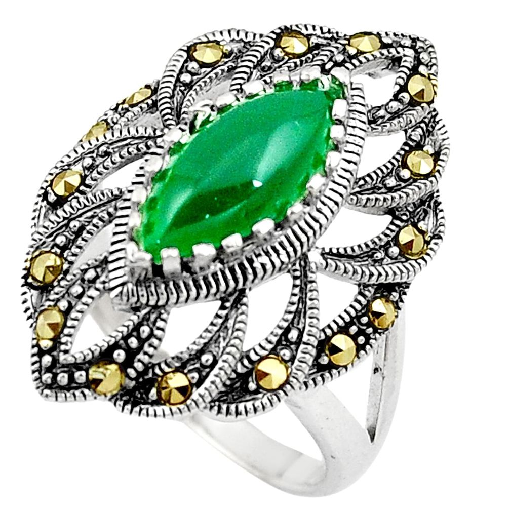Green chalcedony marcasite 925 silver solitaire ring jewelry size 9.5 c17498