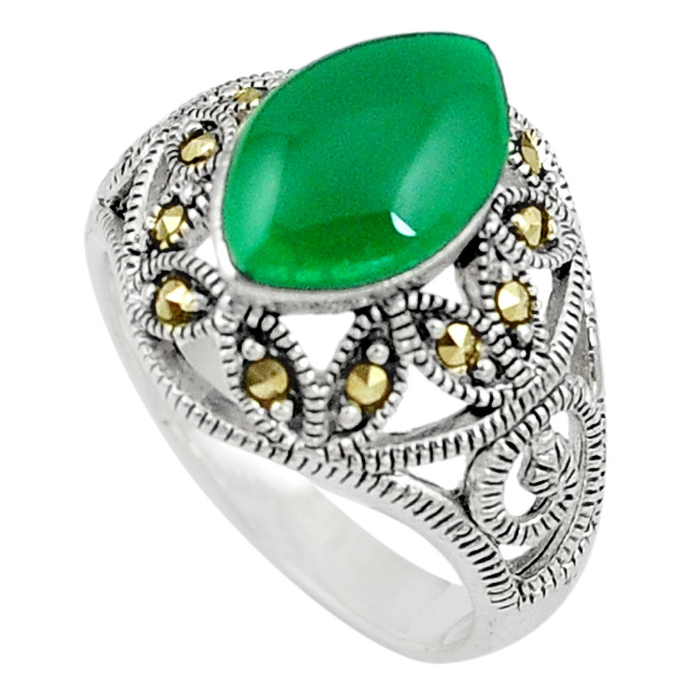 4.38cts green chalcedony marcasite silver solitaire ring jewelry size 7.5 c17469