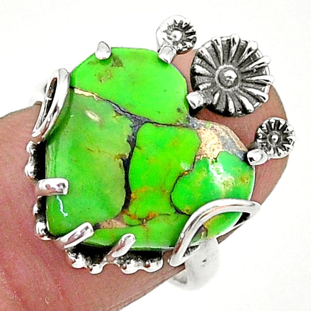 11.57cts green copper turquoise 925 sterling silver flower ring size 7 t6412