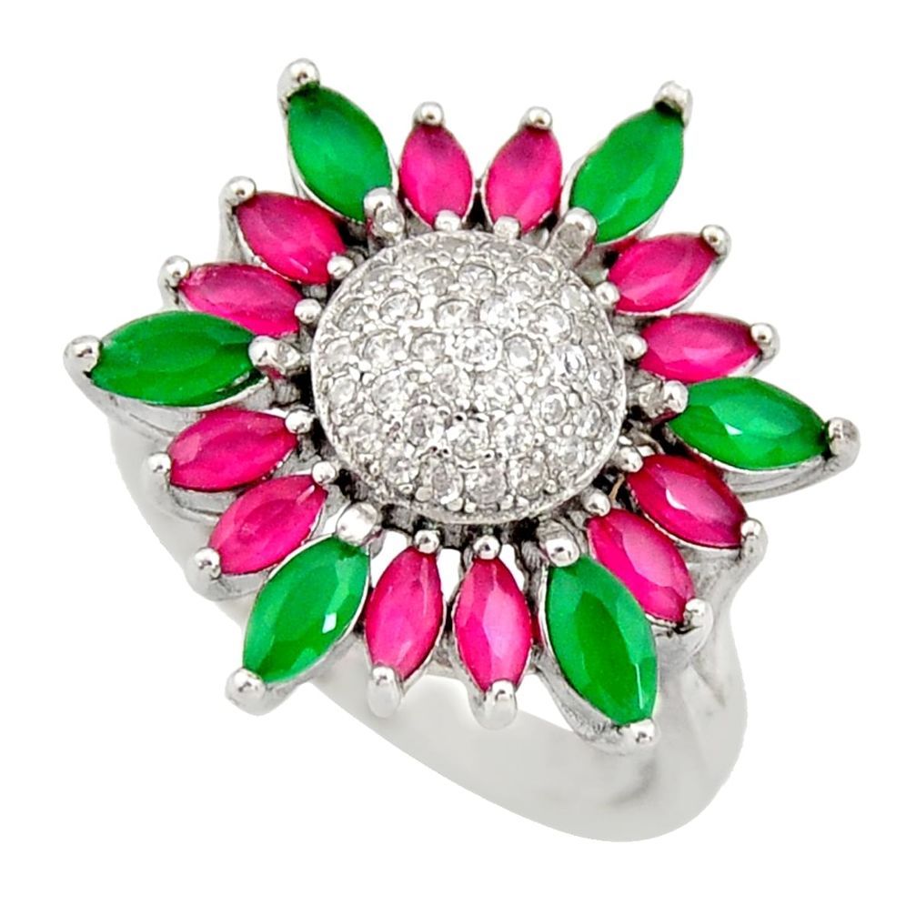 5.42cts green emerald (lab) ruby (lab) 925 sterling silver ring size 6.5 c9052