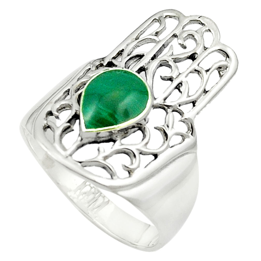 Green malachite (pilot's stone) 925 silver hand of god hamsa ring size 7 c12130