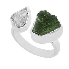 7.53cts green moldavite herkimer diamond silver adjustable ring size 6 y16832