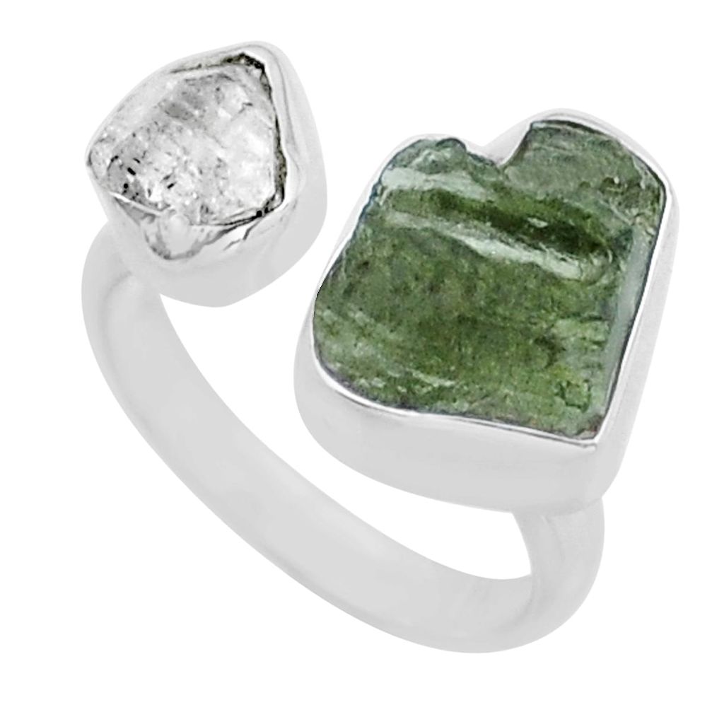 7.26cts green moldavite herkimer diamond silver adjustable ring size 7 y16848