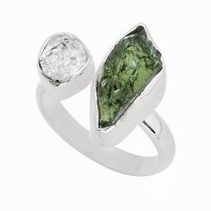 7.36cts green moldavite herkimer diamond silver adjustable ring size 8 y16856