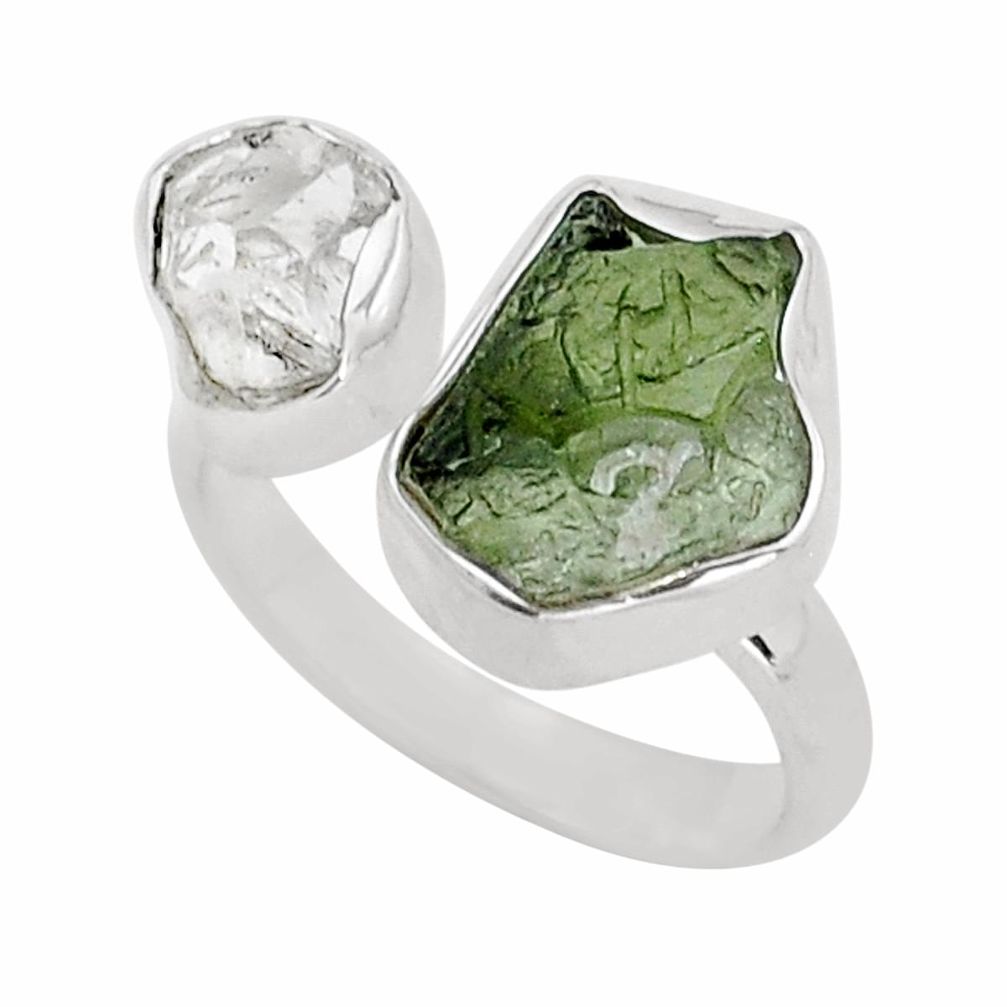 7.04cts green moldavite herkimer diamond silver adjustable ring size 7.5 y16857