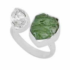 7.64cts green moldavite herkimer diamond silver adjustable ring size 6.5 y16858