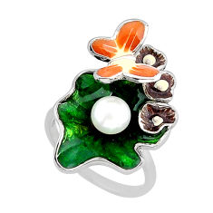 1.10cts green orange brown enamel pearl 925 silver butterfly ring size 7 y65031