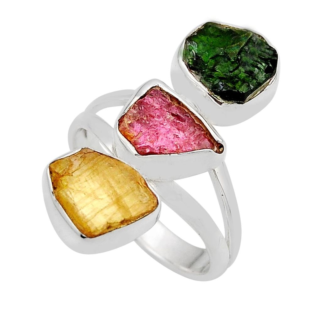 9.18cts green pink orange tourmaline rough fancy 925 silver ring size 7 y87198