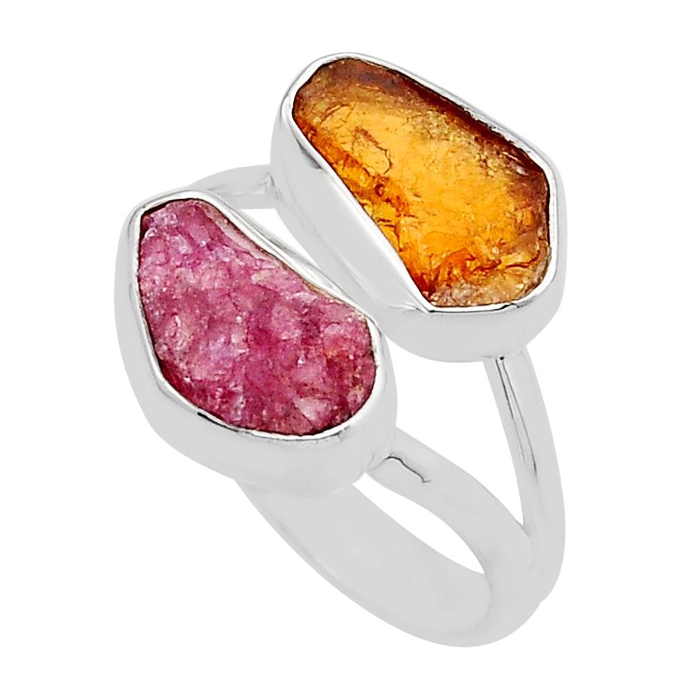 5.79cts green pink orange tourmaline rough fancy 925 silver ring size 7.5 y87215