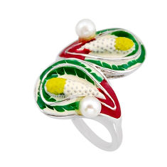 0.82cts green red yellow enamel natural white pearl silver ring size 7 y65034