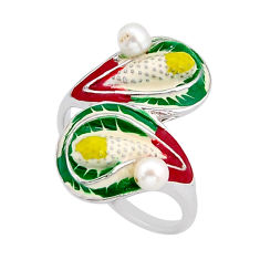 0.75cts green red yellow enamel natural white pearl silver ring size 8 y65035