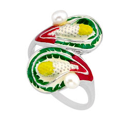 0.82cts green red yellow enamel natural white pearl silver ring size 9 y65036