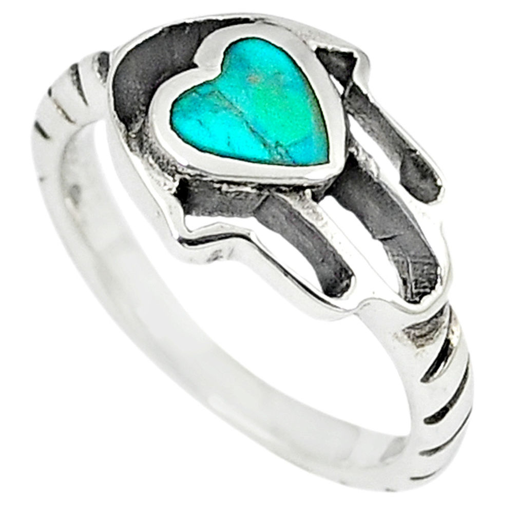 LAB Green turquoise tibetan 925 silver hand of god hamsa ring size 6 c10686