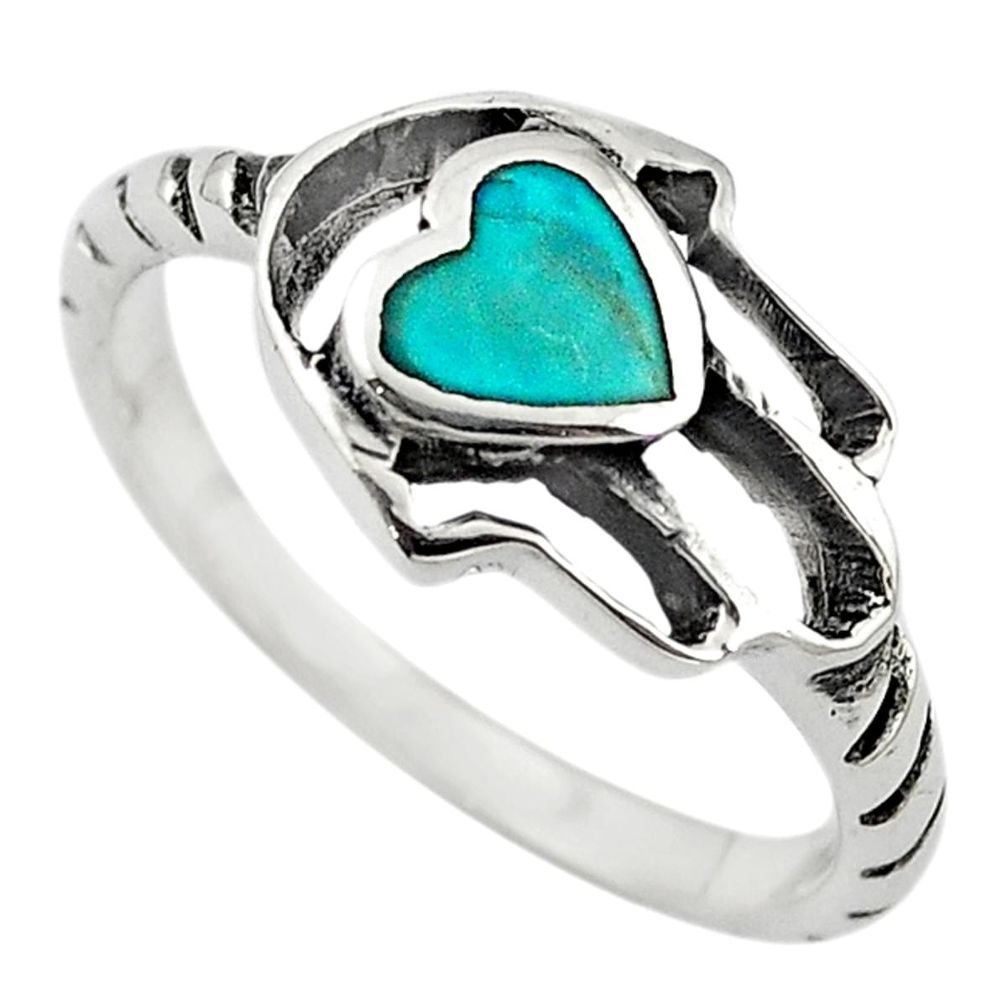 Green turquoise tibetan 925 silver hand of god hamsa ring size 8 c10684