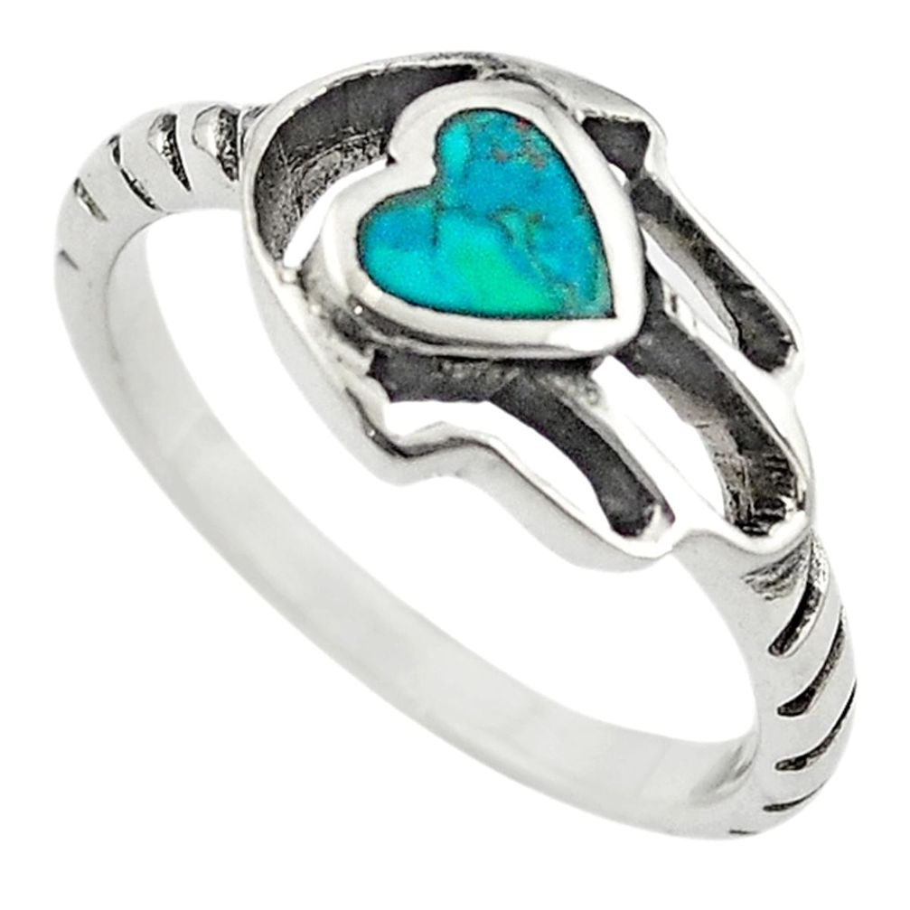 Green turquoise tibetan 925 silver hand of god hamsa ring size 8 c10699