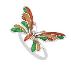 4.87gms green yellow orange white enamel silver butterfly ring size 8.5 y65032
