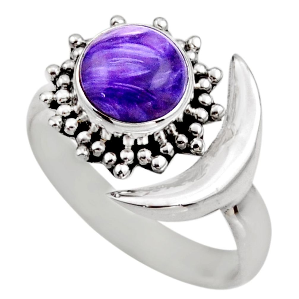 3.22cts half moon natural charoite 925 silver adjustable ring size 7.5 r53215