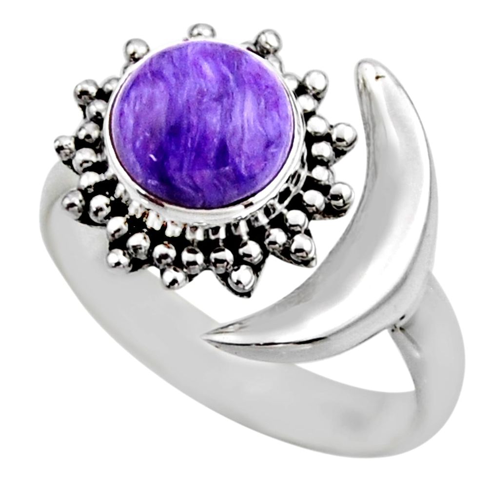 3.18cts half moon natural charoite 925 silver adjustable ring size 8 r53214