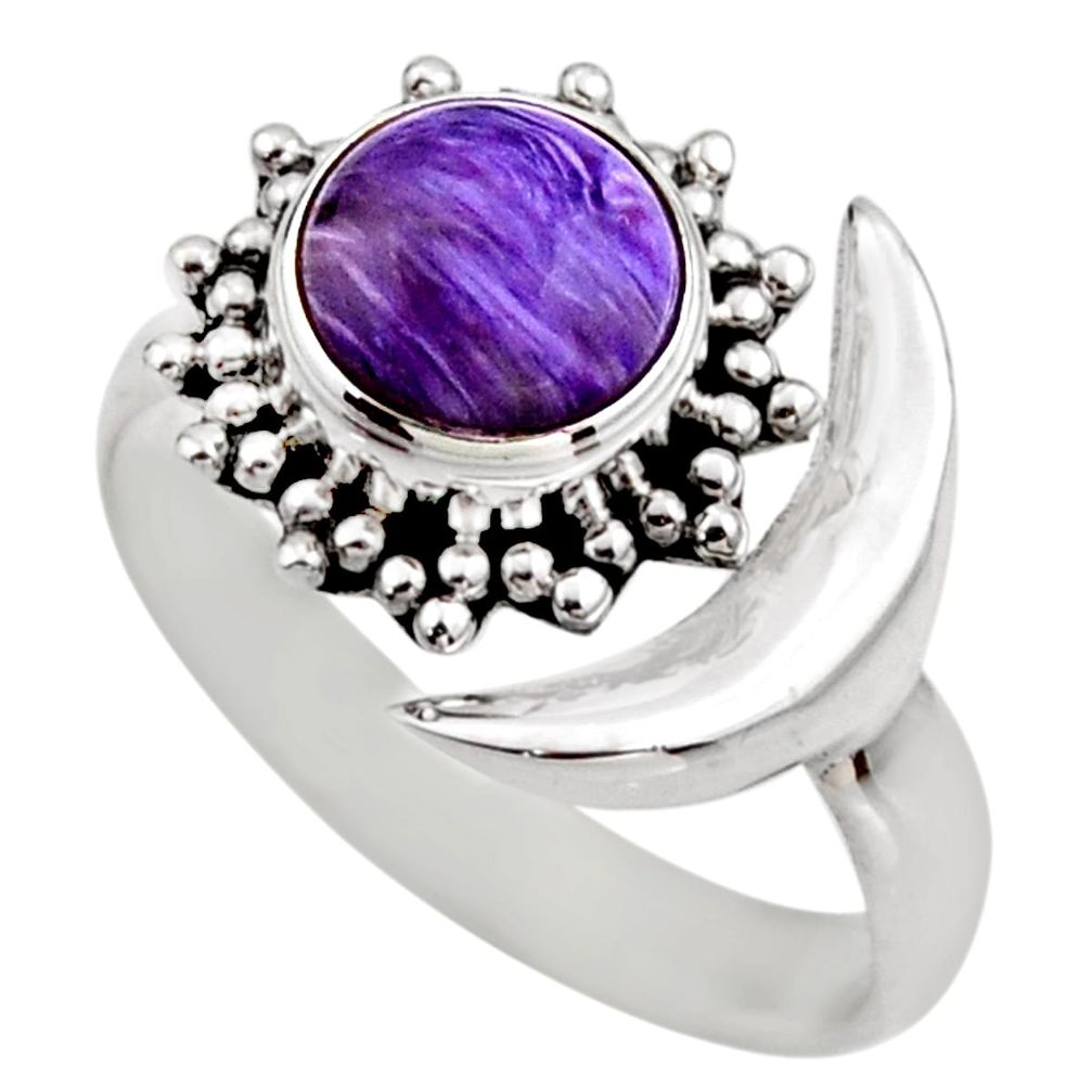 3.01cts half moon natural purple charoite silver adjustable ring size 8 r53217