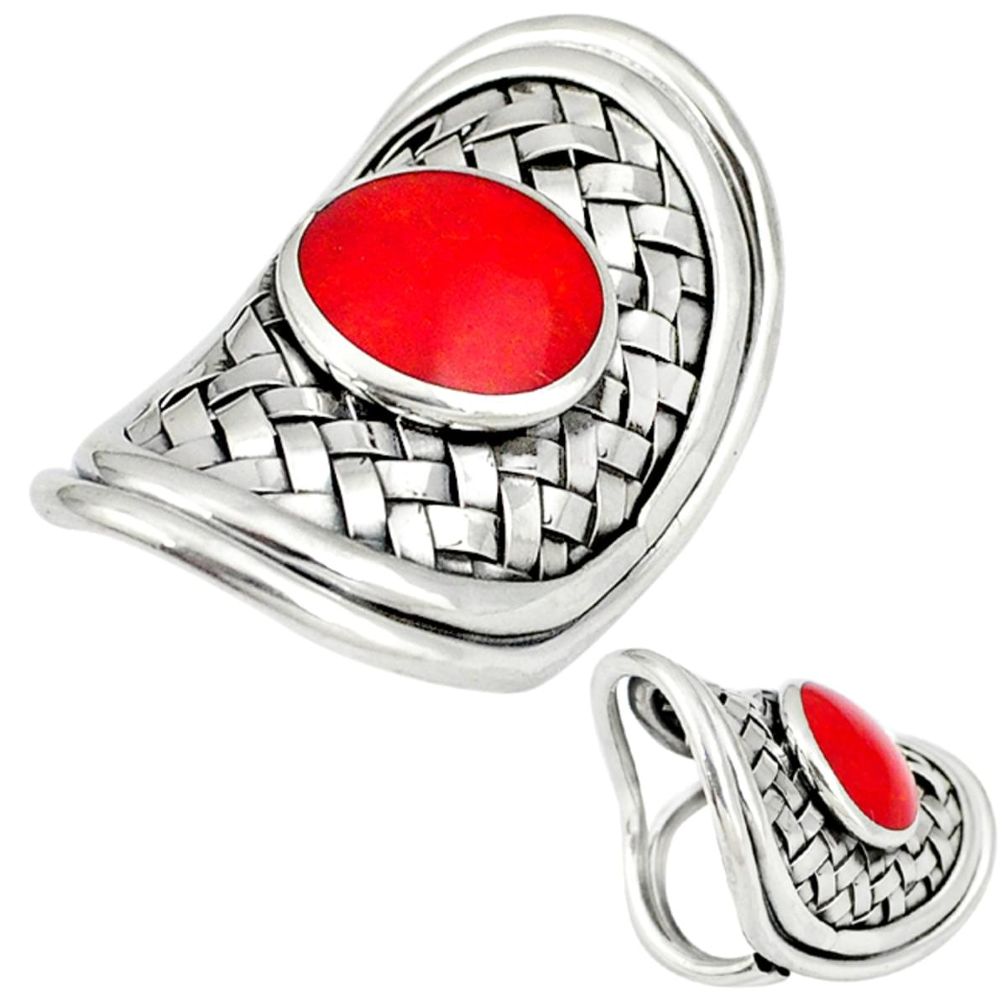 Handmade coral enamel 925 sterling silver adjustable ring jewelry size 8 c22346