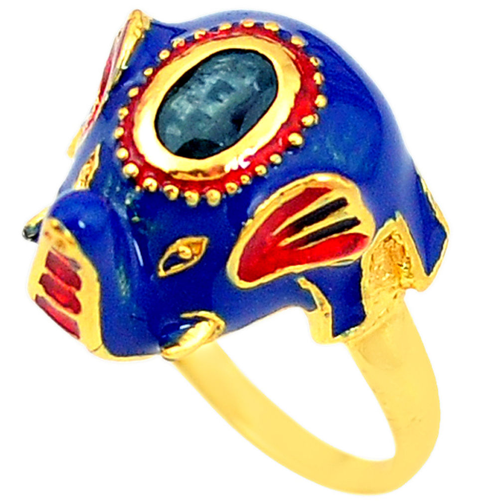 Handmade natural blue sapphire 925 silver gold elephant thai ring size 8 c22006