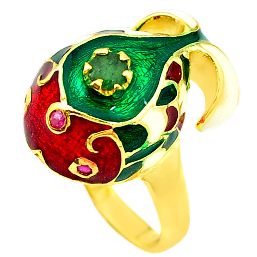 LAB Handmade natural emerald ruby enamel 925 silver gold thai ring size 9 c21098
