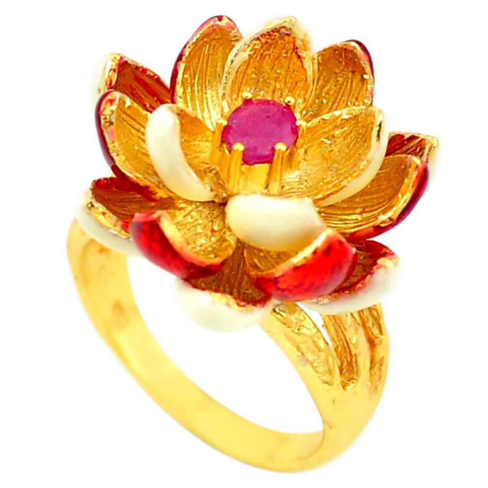 Handmade natural red ruby enamel 925 silver gold flower thai ring size 9 c21092
