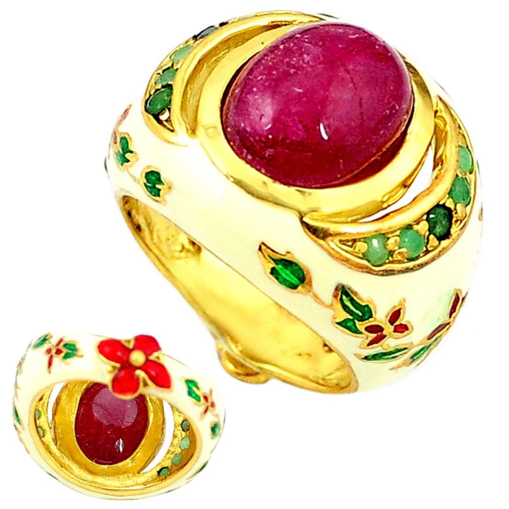 Handmade natural ruby emerald enamel 925 silver gold thai ring size 8.5 c21088