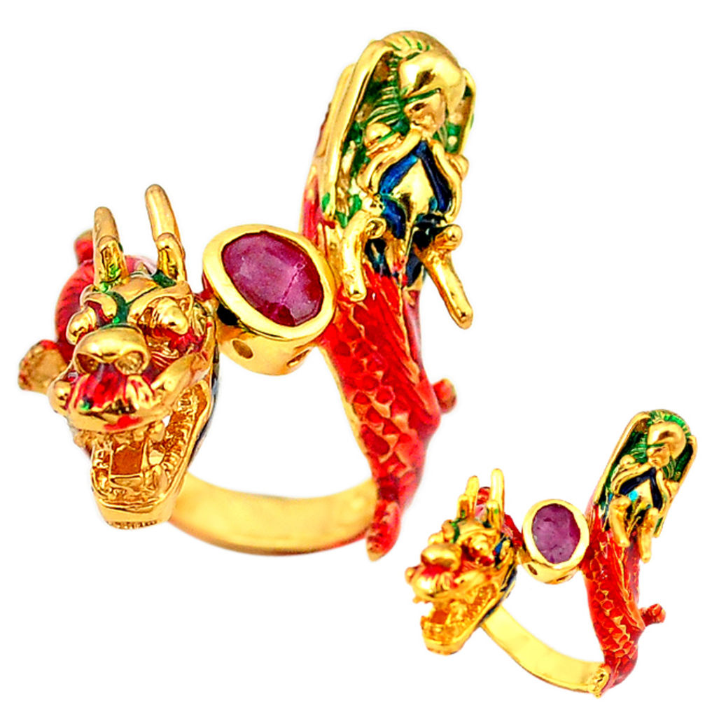LAB Handmade natural ruby enamel 925 silver gold dragon thai ring size 7.5 c21089