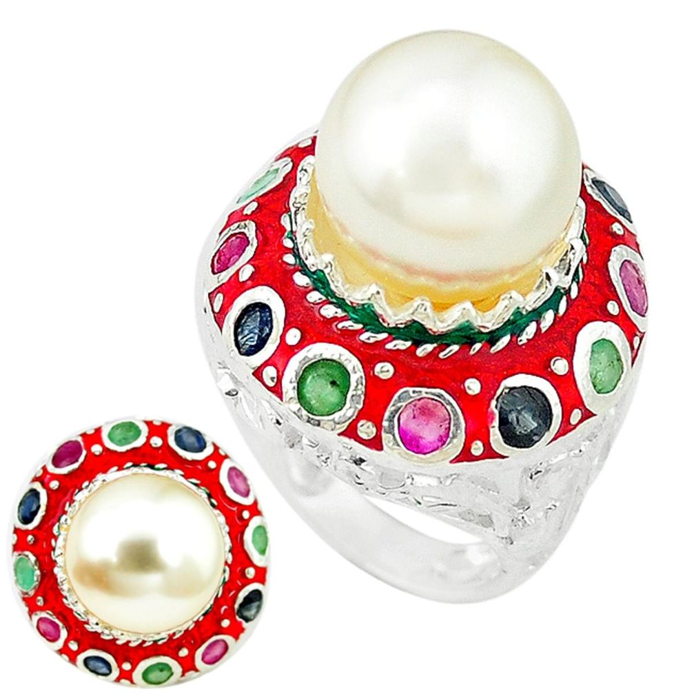 Handmade natural white pearl ruby enamel 925 silver gold thai ring size 6 c21101