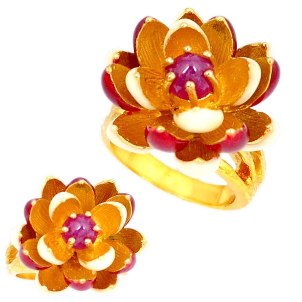 Handmade thai natural red ruby 925 silver 14k gold flower ring size 7.5 c21087
