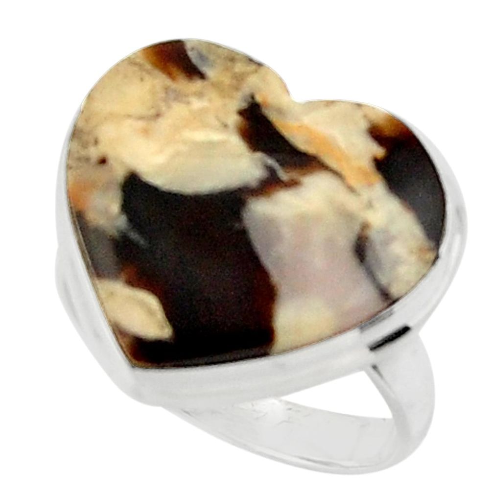 Heart natural brown peanut petrified wood fossil 925 silver ring size 7 r44025