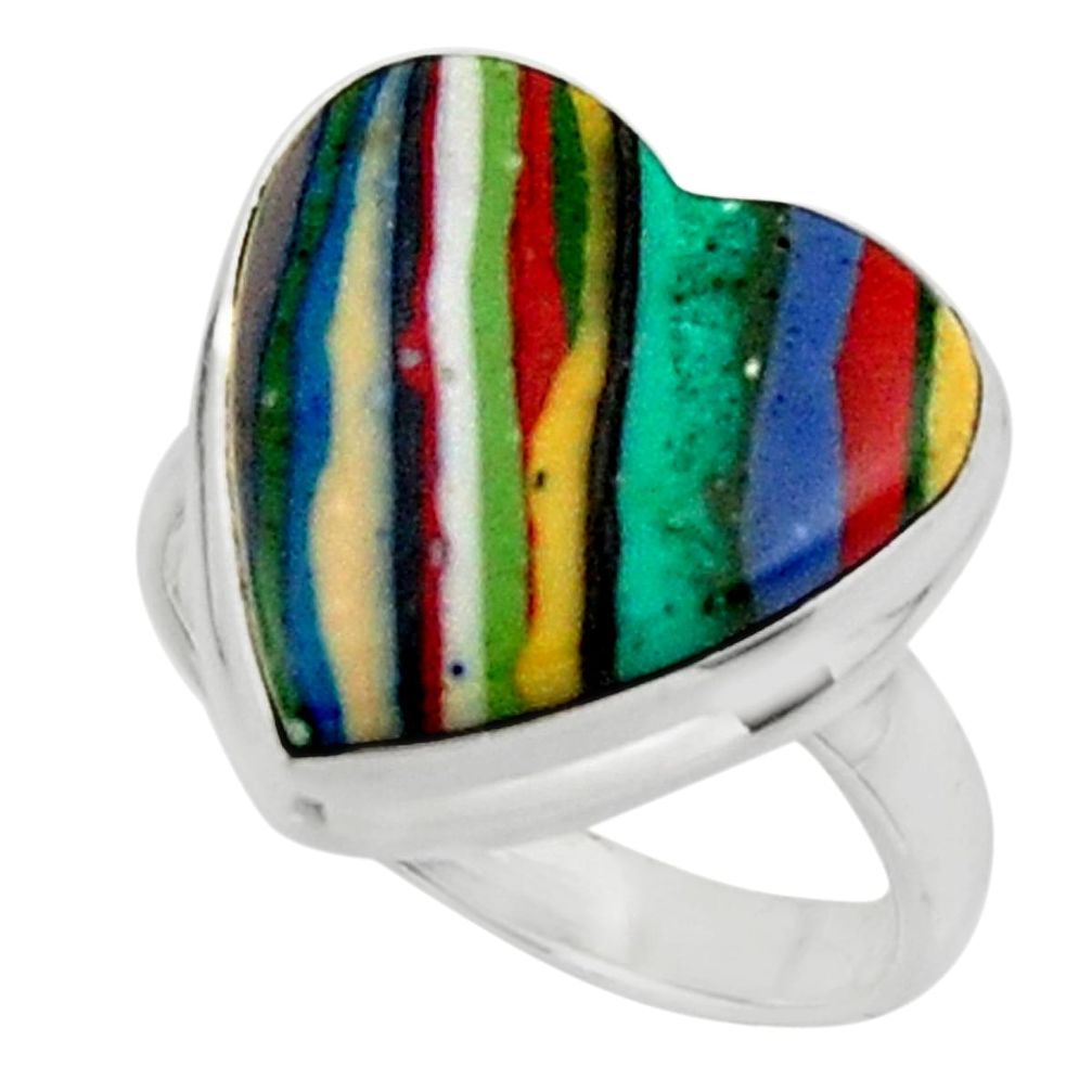 Heart natural multicolor rainbow calsilica 925 silver ring size 6.5 r44016