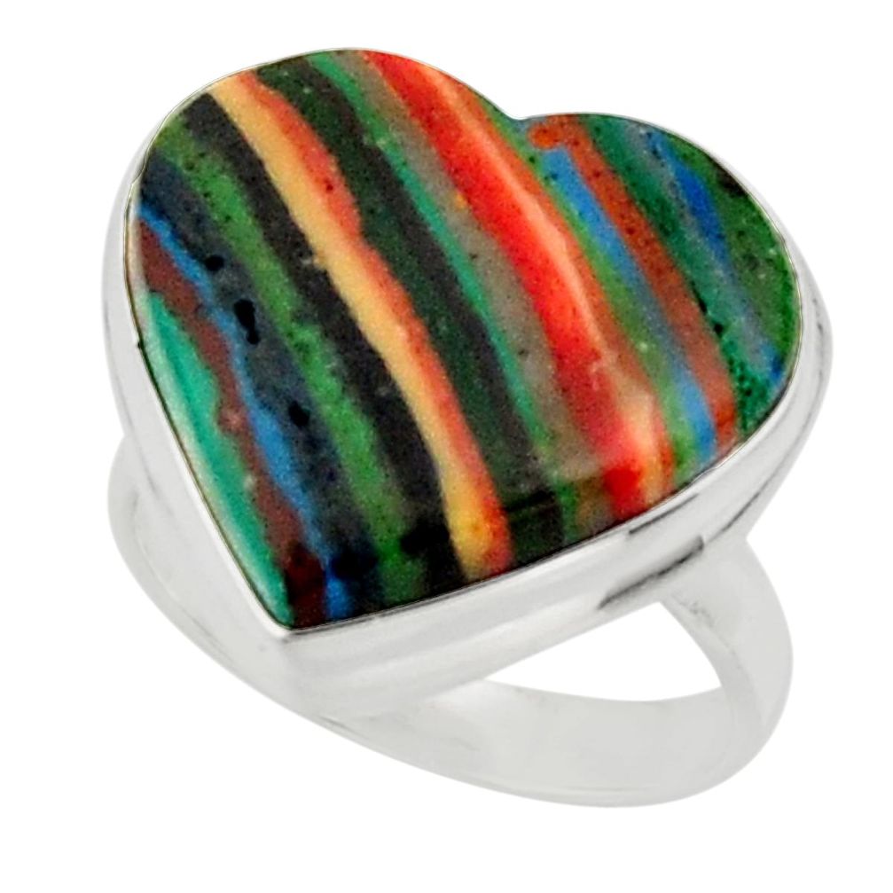 Heart natural multicolor rainbow calsilica 925 silver ring size 6.5 r44026