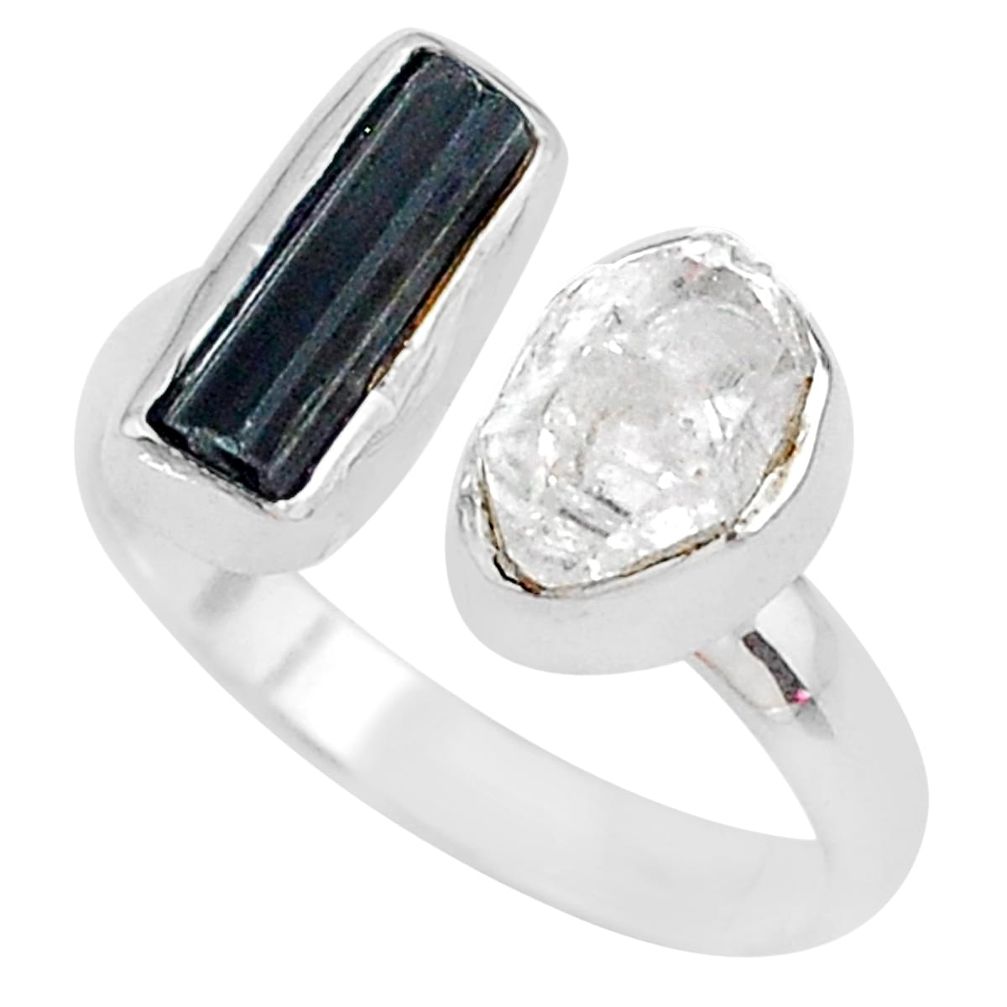 Herkimer diamond black tourmaline 925 silver adjustable ring size 9 t9894