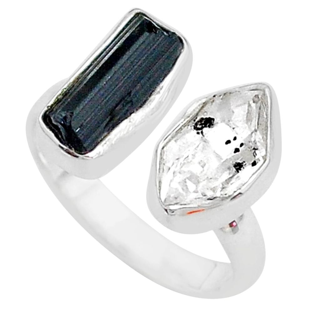 Herkimer diamond black tourmaline raw silver adjustable ring size 7.5 t9913