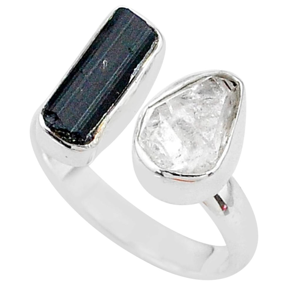 Herkimer diamond black tourmaline raw silver adjustable ring size 7.5 t9915