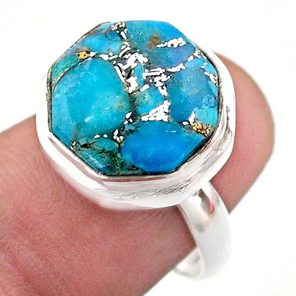 7.53cts hexagon blue copper turquoise 925 silver solitaire ring size 7 t48312