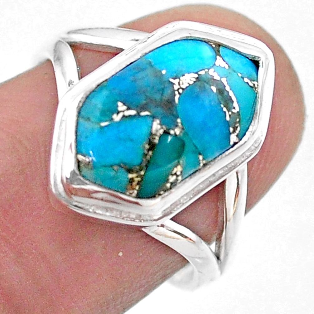 5.63cts hexagon blue copper turquoise 925 silver solitaire ring size 7 t48576