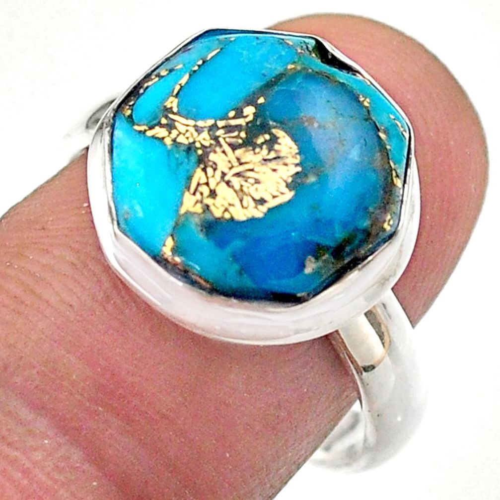 5.63cts hexagon blue copper turquoise 925 silver solitaire ring size 8 t48376