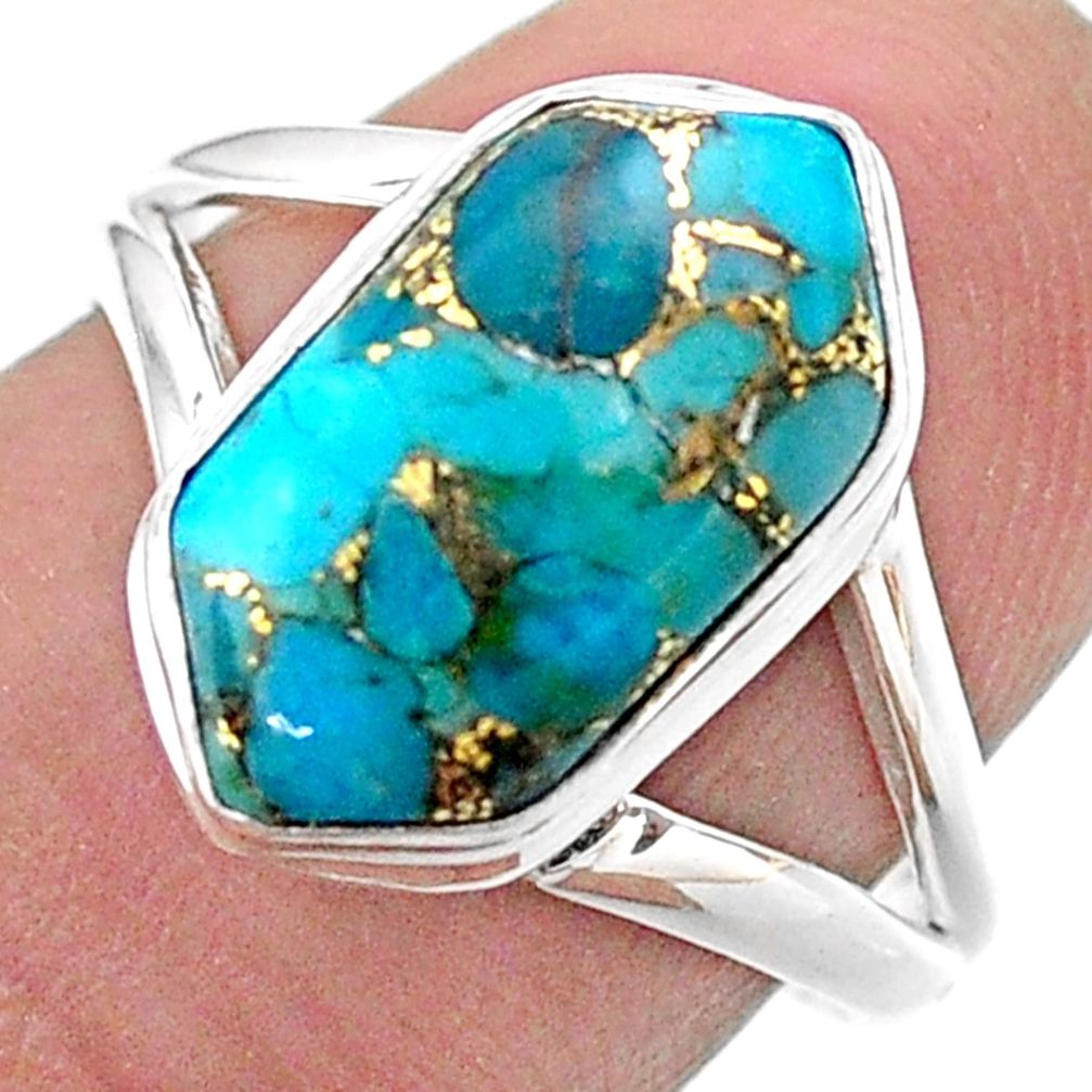 5.12cts hexagon blue copper turquoise 925 silver solitaire ring size 8 t48627