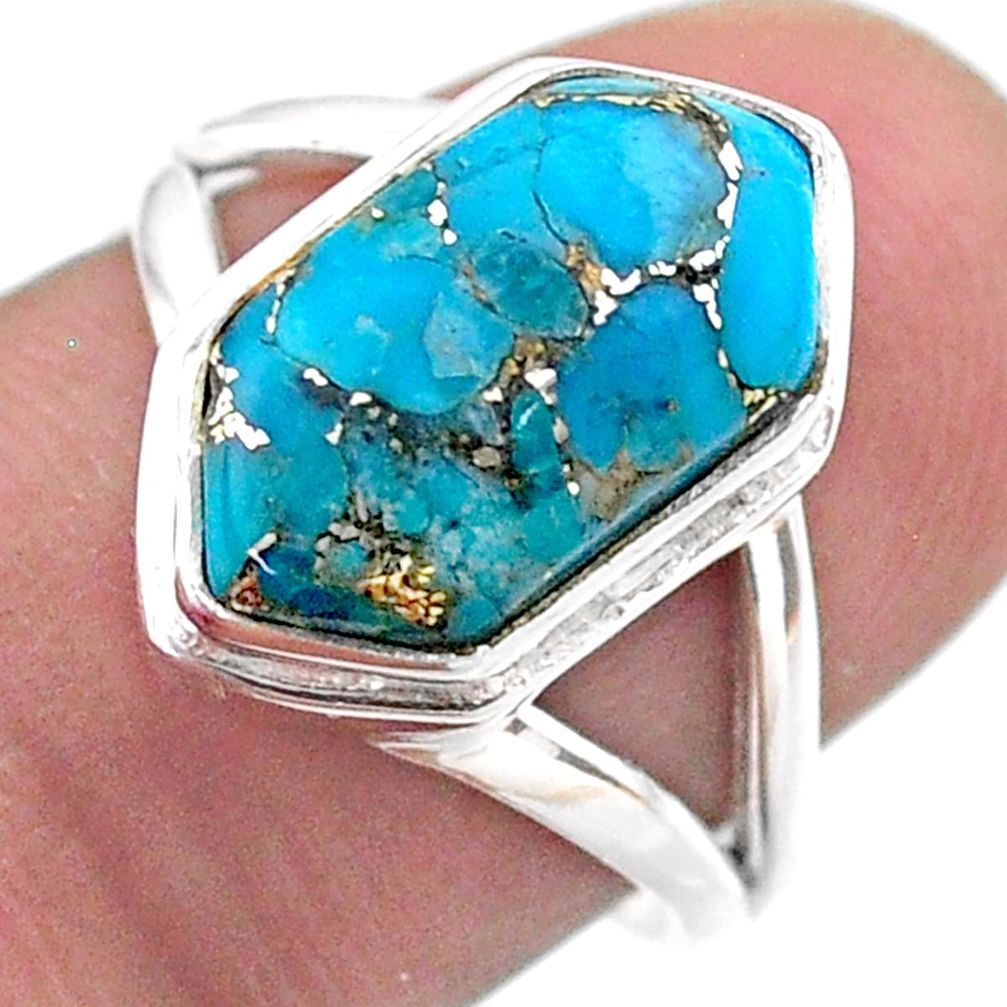 5.87cts hexagon blue copper turquoise 925 silver solitaire ring size 7.5 t48525